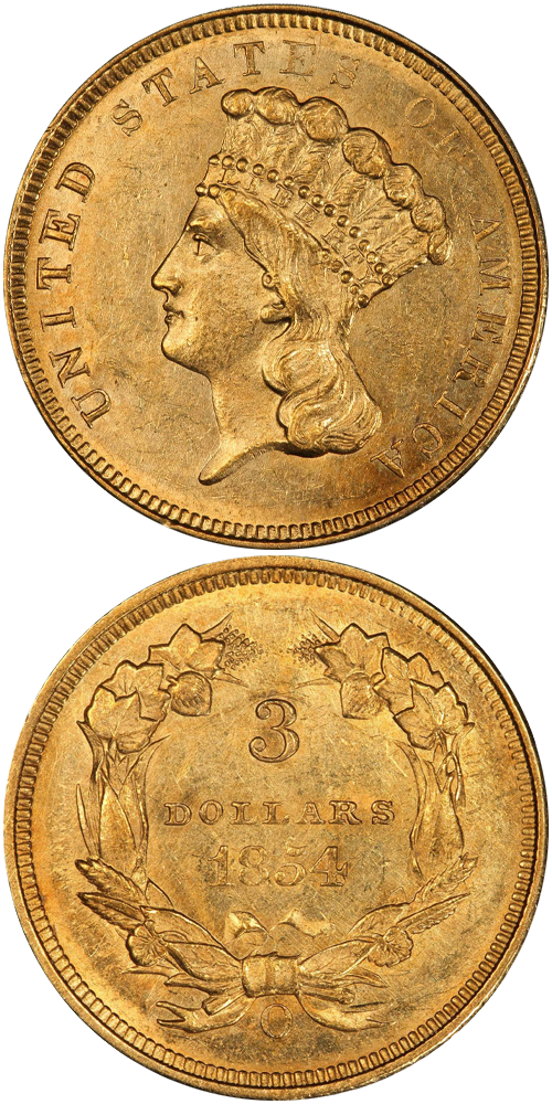 1854-O Gold Three Dollar