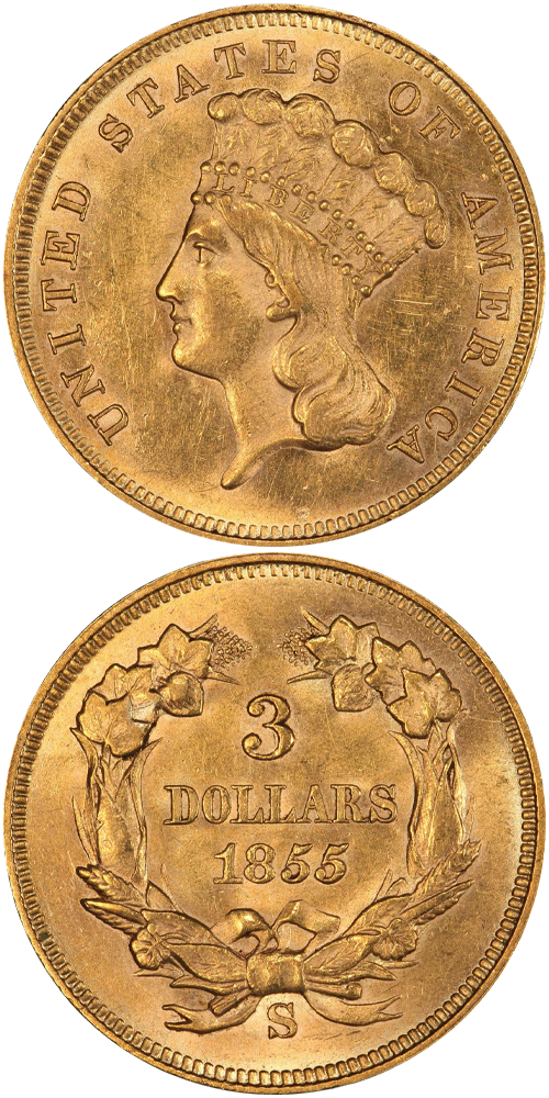 1855-S Gold Three Dollar