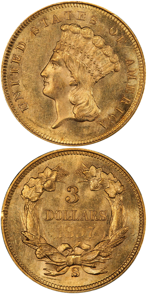 1857-S Gold Three Dollar