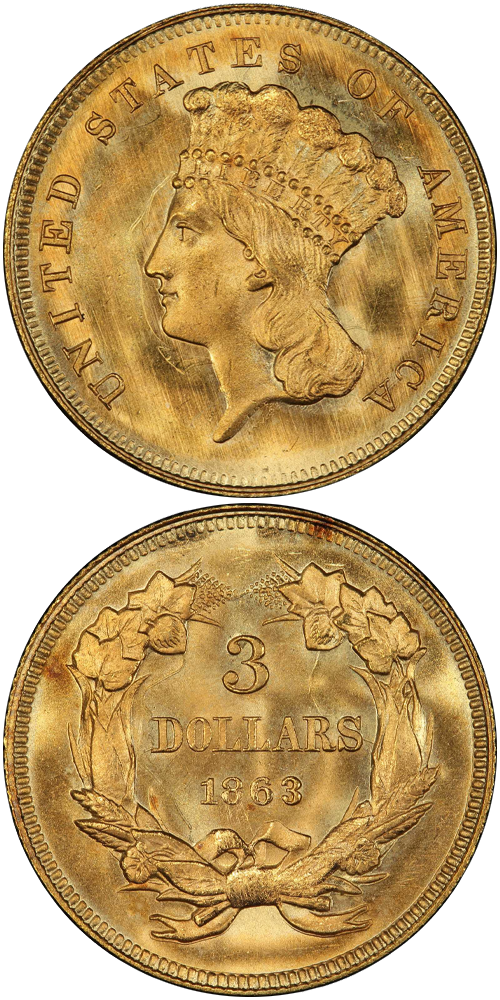 1863 Gold Three Dollar
