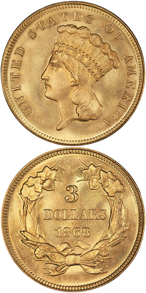 1868 Gold Three Dollar