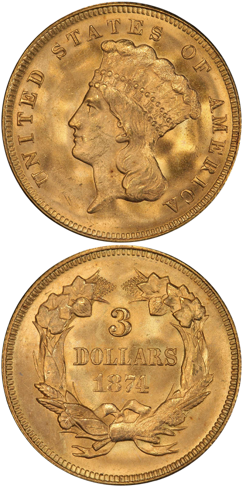 1874 Gold Three Dollar